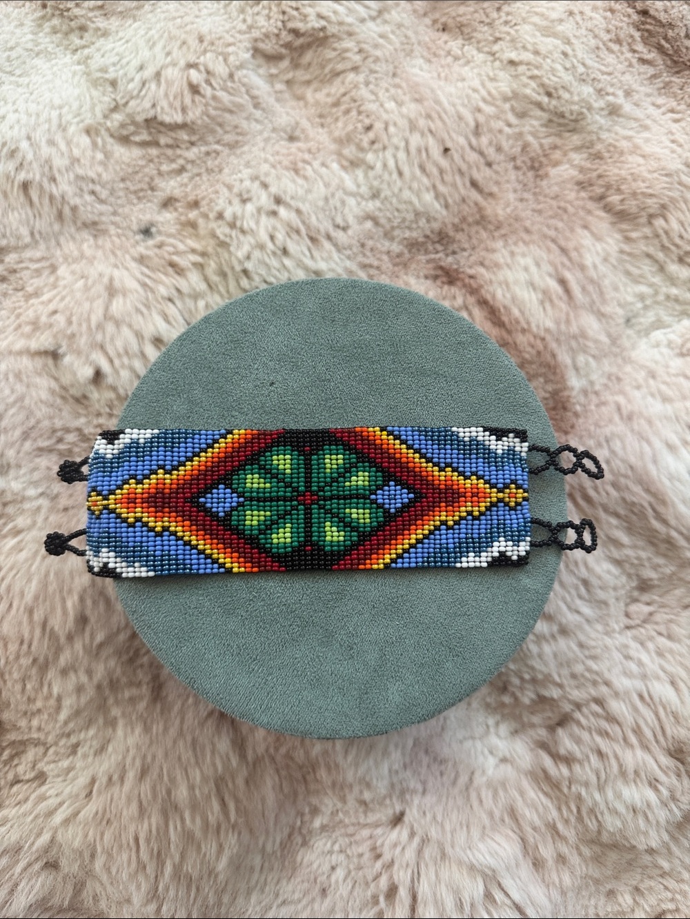 Handmade Seed Bead Cuff Bracelet Blue Floral Boho Woven Artisan